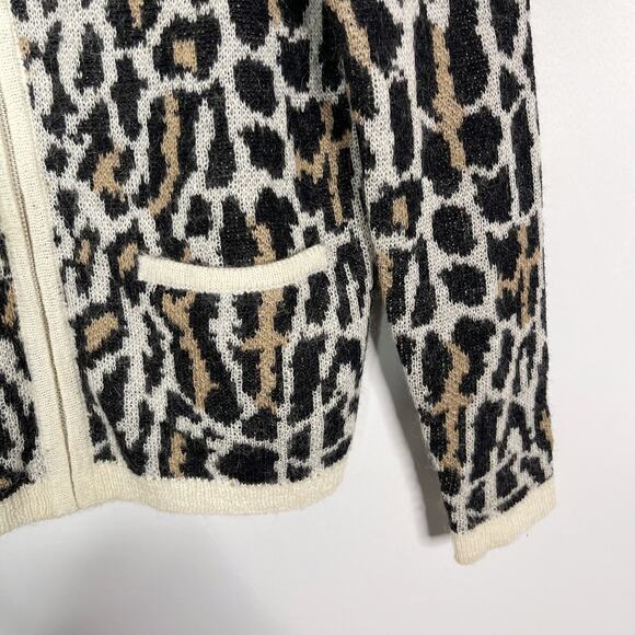 Joie Medium M Cream Black Leopard Print Wool Mohair Full Zip Sweater Animal Crew - Picture 4 of 9